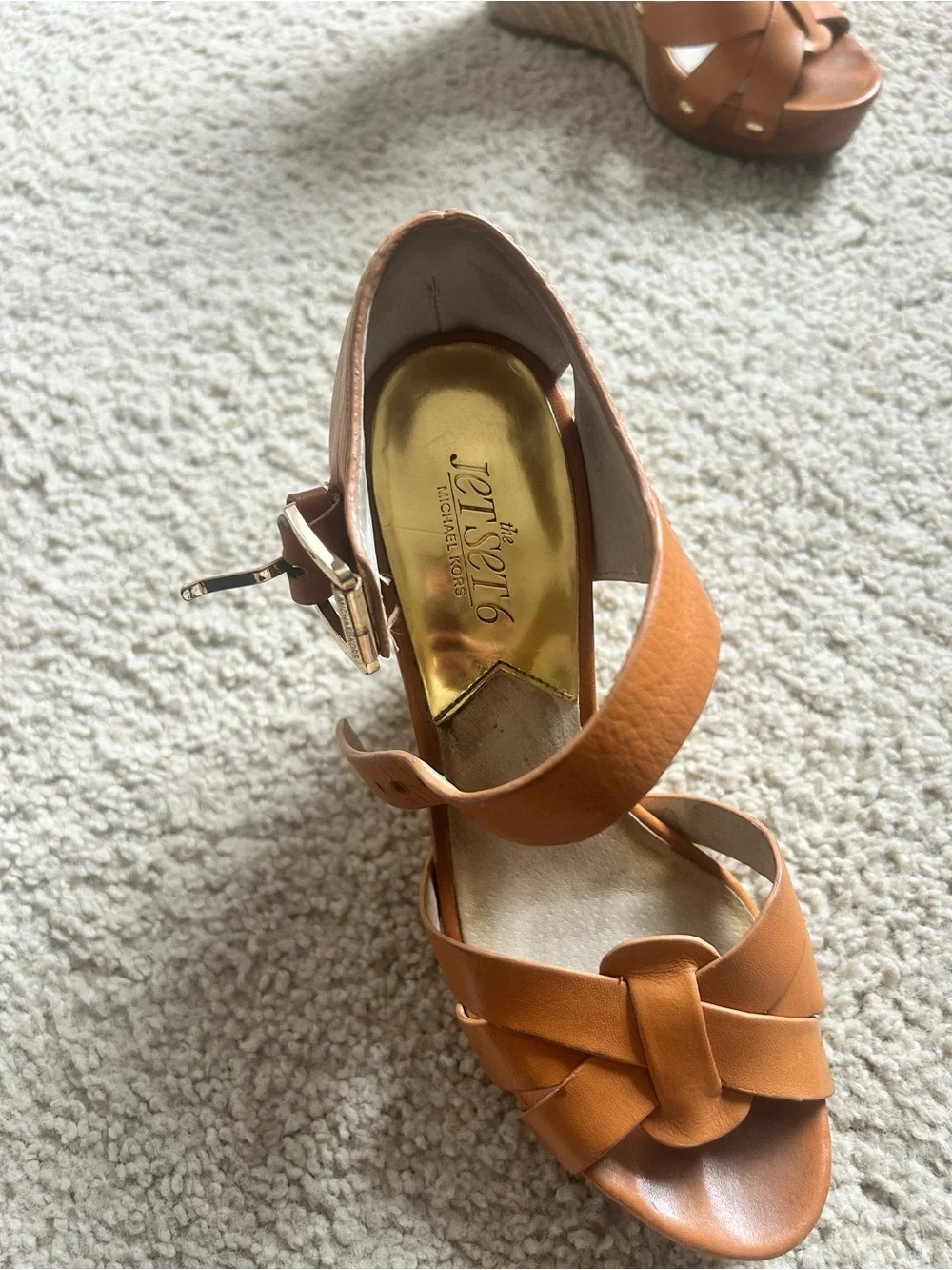 Michael Kors Jetset6 Cognac Leather Braided Wedge Sandals with Gold Buckle